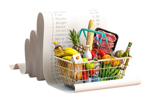 Cartoon of shopping basket full of produce on top of a giant folding receipt. 